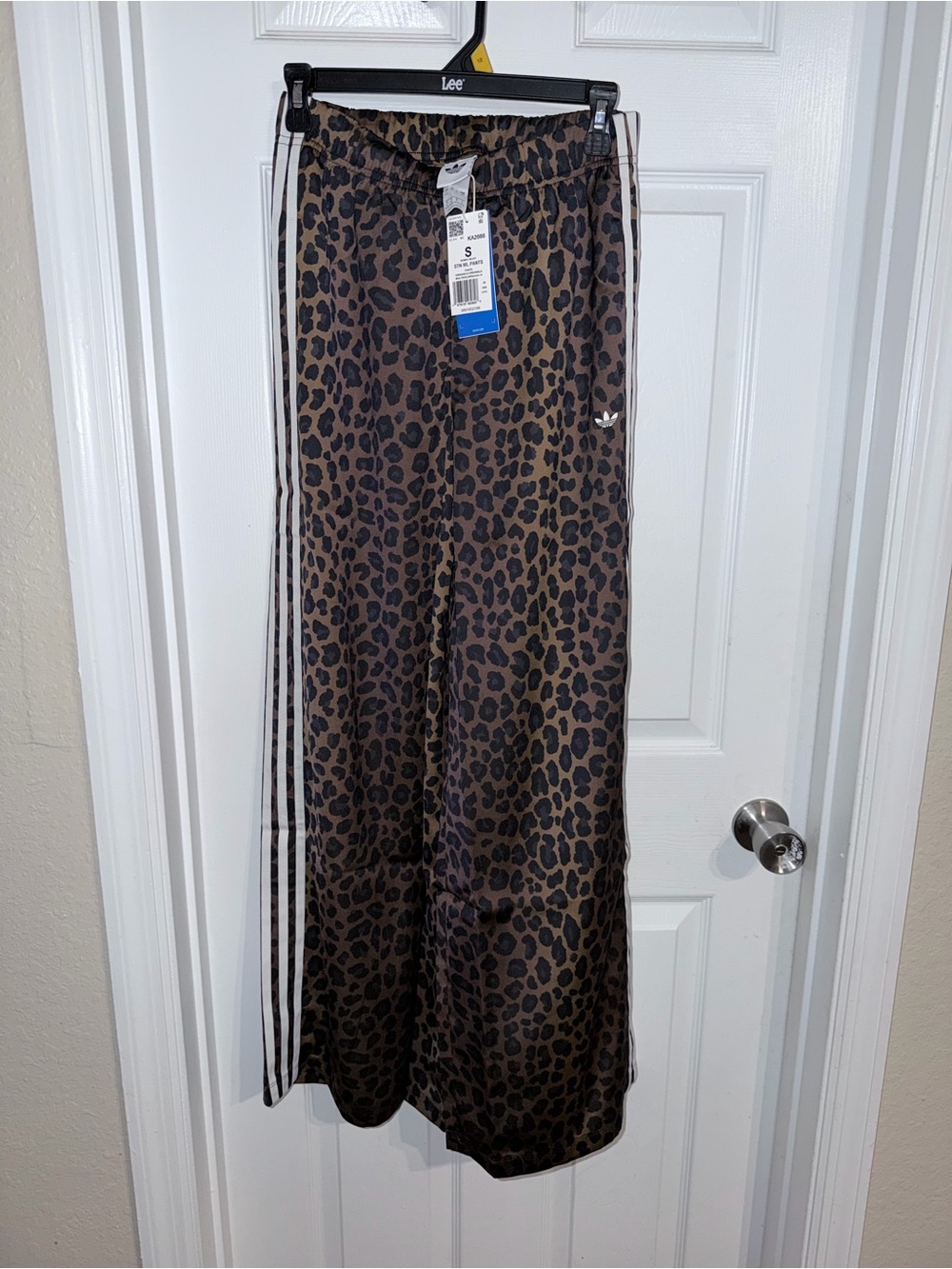 adidas Women’s Satin Leopard Print Track Pants with White Side Stripes